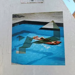 A sticker featuring a collage of a person relaxing on a pool float in a swimming pool, overlaid with geometric shapes. The color scheme is dominated by turquoise and teal, reflecting a summery mood. 