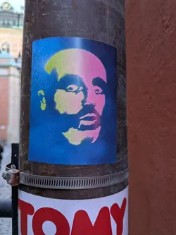 The sticker features a stylized, high-contrast portrait of a person's face, rendered in a stencil or screen-print aesthetic. The background is a speckled, deep blue. The facial features are highlighted with bold, unconventional colors: bright lime green illuminates parts of the forehead, cheek, and ear, while a vivid magenta/pink defines the nose, lips, and other areas of the face. The eyes are dark and shadowed, contributing to an intense gaze. The overall appearance is graphic and striking, reminiscent of pop art, and it is applied to a rusty metal pole.