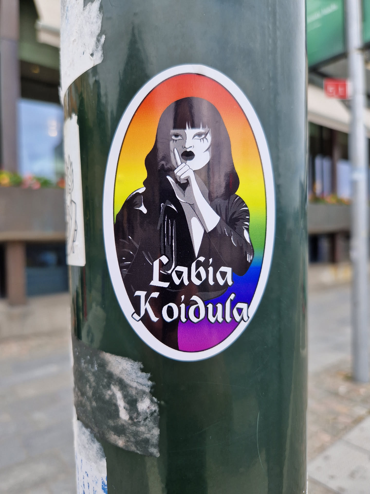 Oval sticker featuring a black and white illustration of a woman with dark hair, wearing a black jacket, making a silence gesture with her index finger and thumb.  The illustration is set against a rainbow-colored background. The text "Labia Koidula" is written below the illustration in a stylized font.