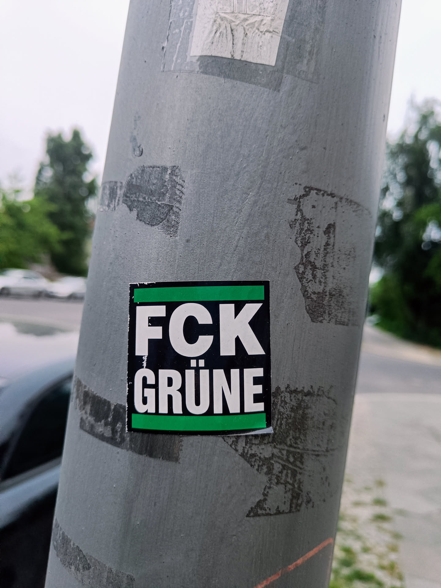 A sticker with the text "FCK GRÜNE" (meaning "Fuck Greens") on a green and white background is attached to a gray pole.  The sticker appears to express opposition to the German Green Party.