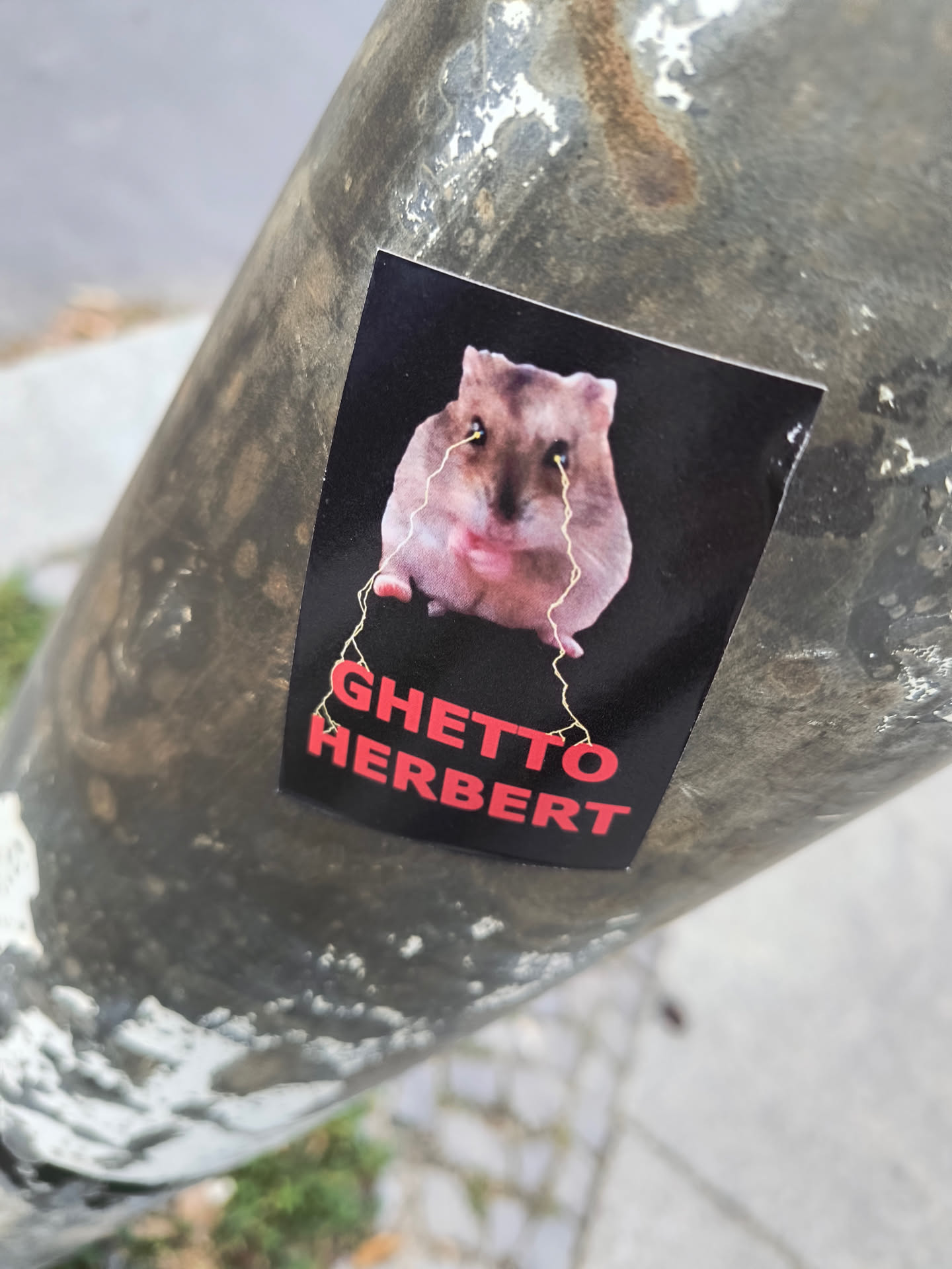 A sticker featuring a hamster with what appears to be gold thread coming from its eyes. The text 'GHETTO HERBERT' is printed below the image of the hamster.