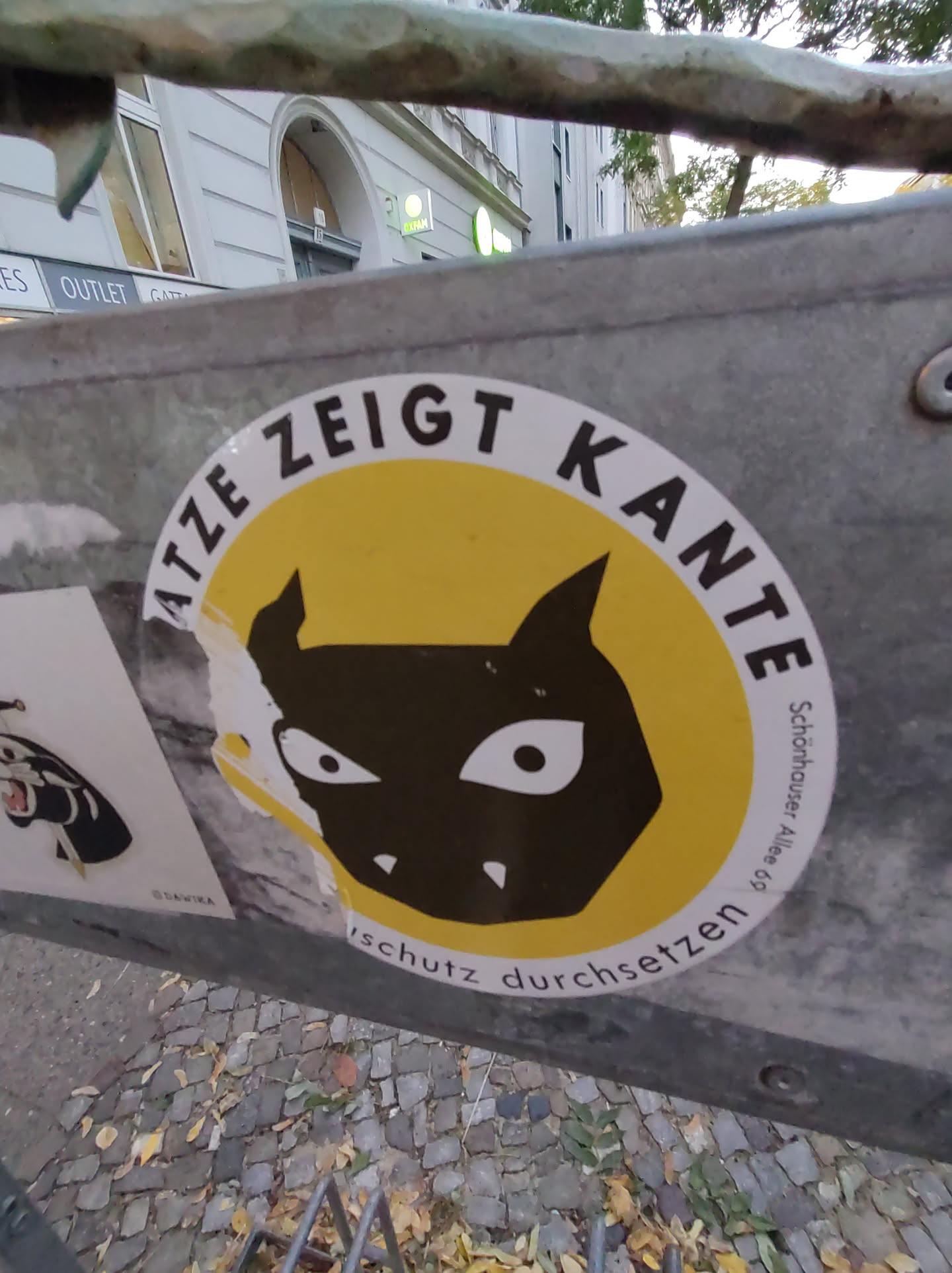 A round yellow sticker with a black cat illustration in the center. The text around the cat says "Katze zeigt Kante" (cat shows edge) and at the bottom "Schutz durchsetzen" (enforce protection). The sticker is attached to a grey metal surface.