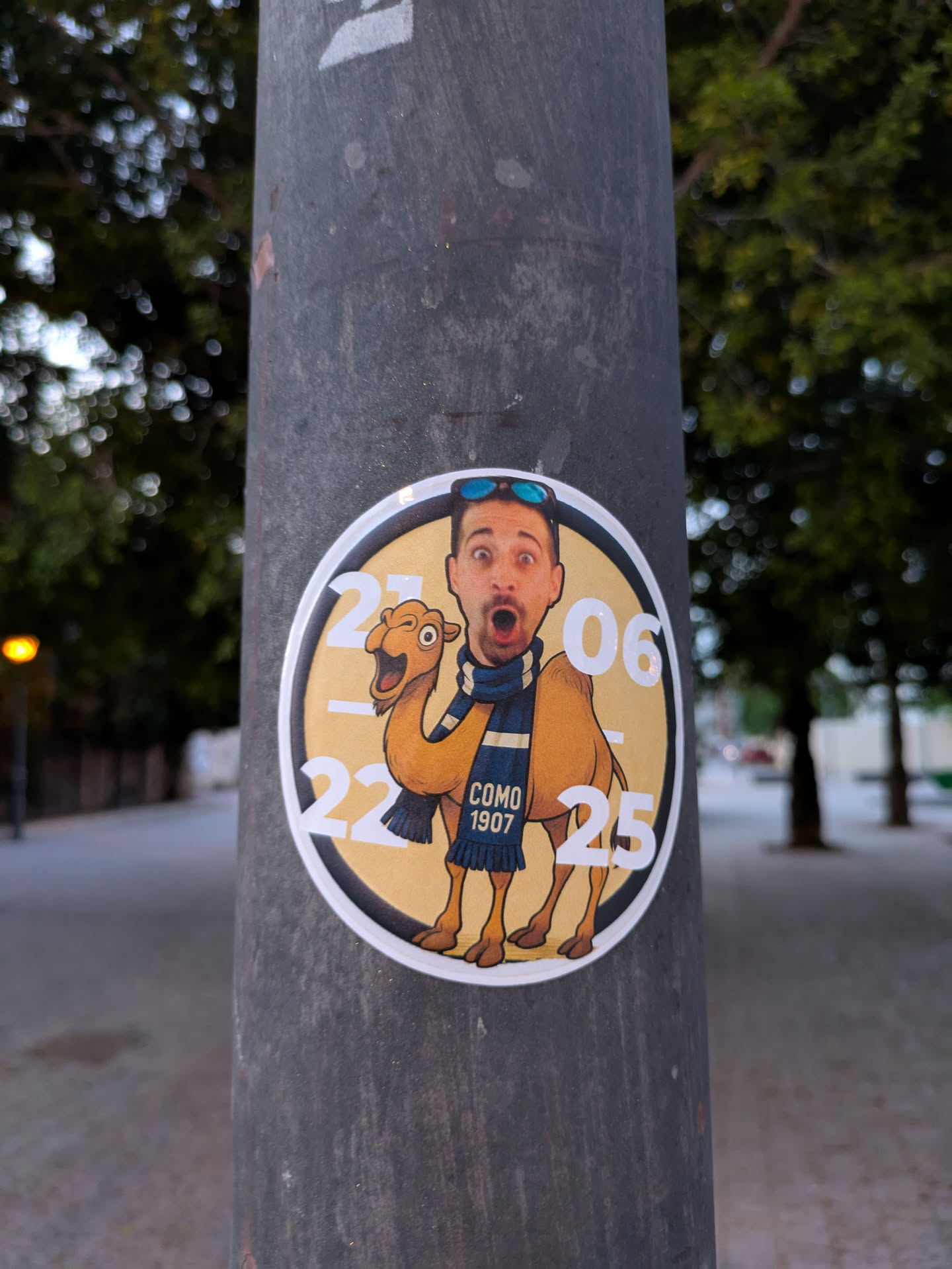 A round sticker is affixed to a pole. The sticker features a cartoonish camel with a human face and sunglasses. The camel wears a blue scarf with the words "COMO 1907". Around the edge of the sticker are numbers.