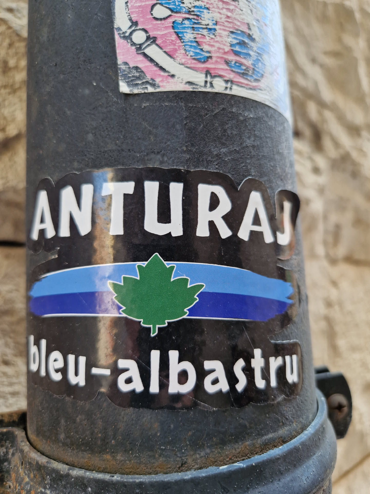 A sticker featuring the word "ANTURAJ" in bold white uppercase letters, followed by a horizontal tricolor stripe in shades of blue with a green maple leaf in the center. Below the stripe, the words "bleu-albastru" are written in white lowercase letters. The sticker has a slightly worn look, indicating it has been affixed to a surface for some time.