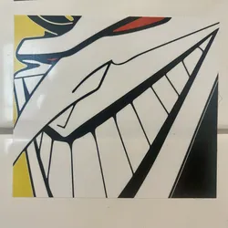Street sticker A square sticker showcasing an extreme close-up of a stylized character wearing a mask or featuring sharp, exaggerated facial contours. The character displays a massive, sinister grin with prominent square teeth, an elongated pointed nose or visor extending diagonally across the face, and a sliver of red near the eye. Bold black outlines define the shapes, with mostly white fill and small accents of bright yellow and red.