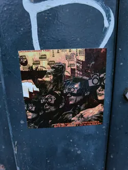 Sticker featuring a collage-style artwork depicting a group of people wearing peculiar glasses, set against a backdrop of industrial imagery and text. The overall aesthetic is dark and somewhat dystopian.