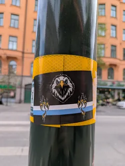 The sticker features a detailed illustration of an eagle head with outstretched talons. A light blue and white stripe runs horizontally across the design. It's placed on a black pole.