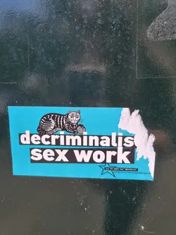 A light blue sticker featuring a cartoon cat and the text "decriminalise sex work". There is also a website address at the bottom.