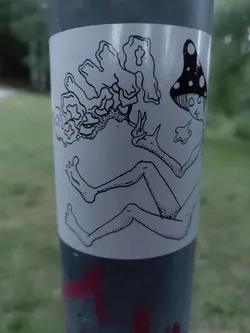 A black and white illustration of a whimsical creature, possibly a mushroom person, lounging and enjoying what seems to be smoke. The style is simplistic and slightly psychedelic.