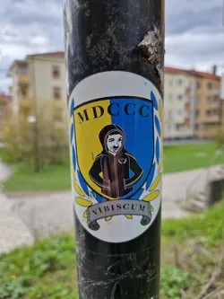 A sticker featuring a crest with the year MDCCC and the word Vibiscum underneath.  The crest includes a cartoon-like image of a person wearing a hoodie. The sticker is affixed to a dark pole.