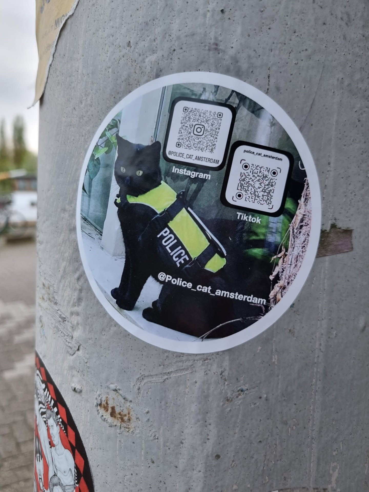 Sticker featuring a black cat wearing a police vest.  The sticker includes QR codes linking to the cat's Instagram and TikTok accounts.