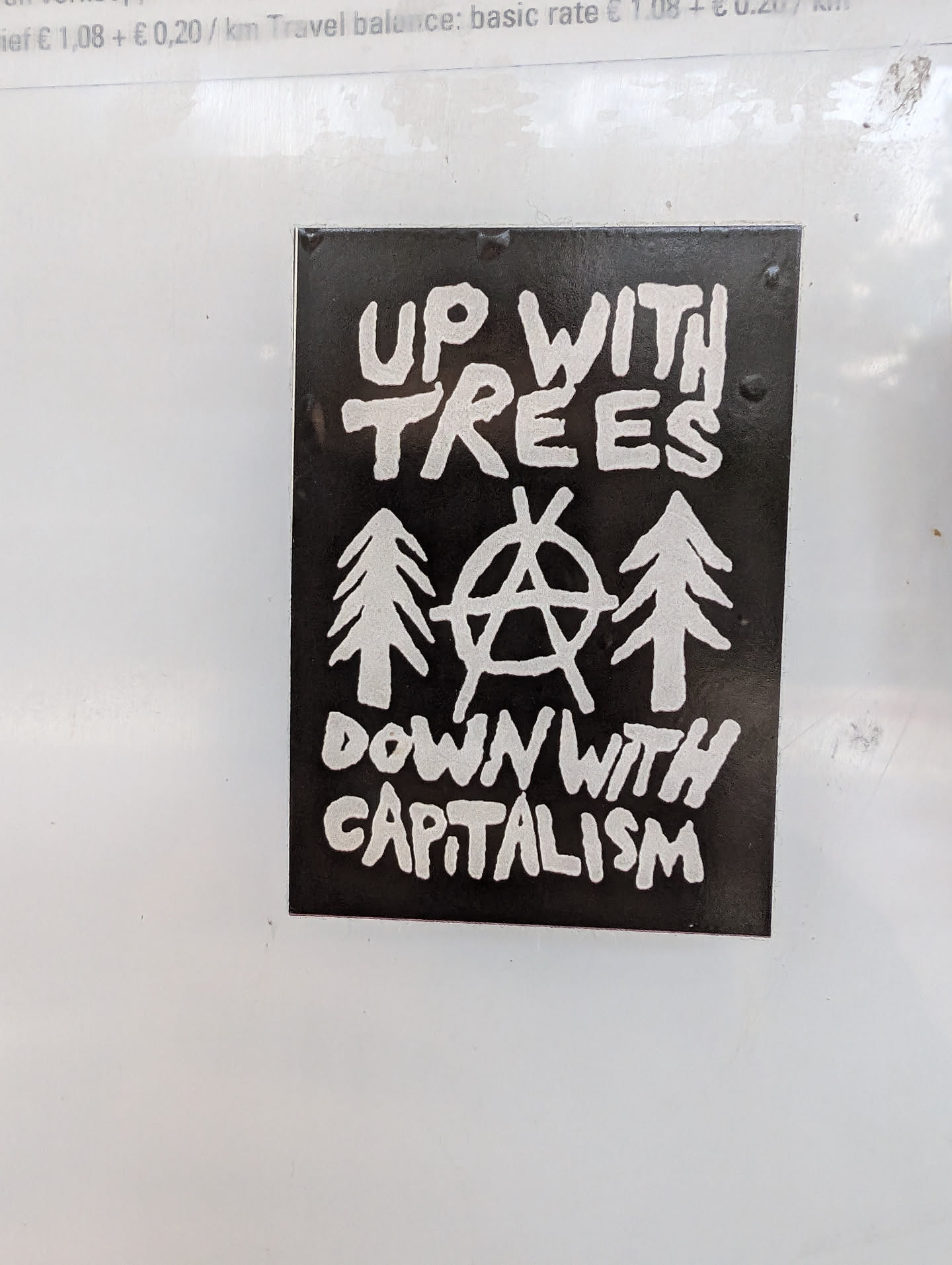 A black and white sticker with a hand-drawn style. It features the text "Up with Trees" over a stylized anarchy symbol and three evergreen trees, with the text "Down with Capitalism" below. 