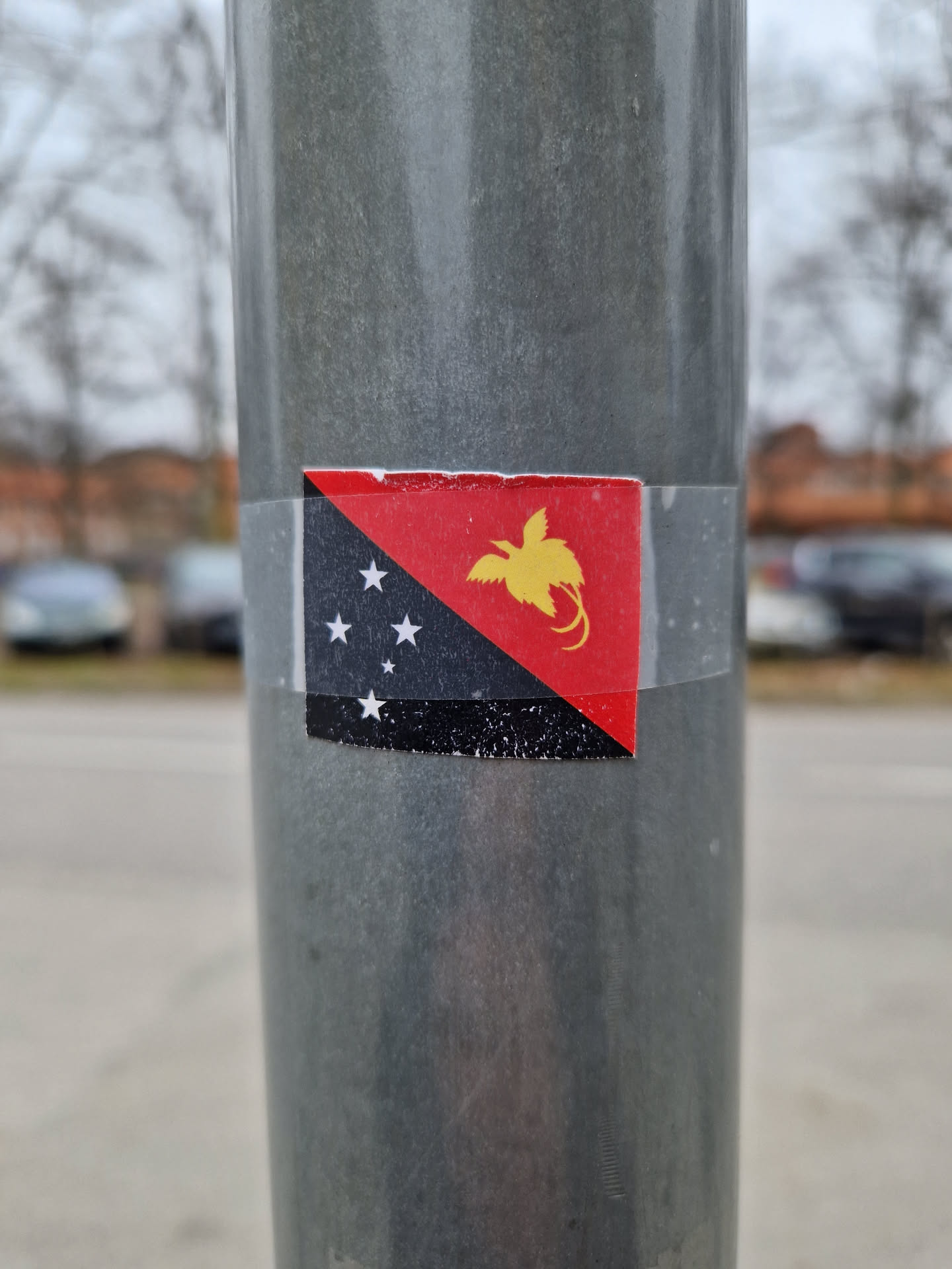 A small sticker featuring the flag of Papua New Guinea is affixed to a gray metal pole. The flag is slightly worn but clearly depicts the national emblem.
