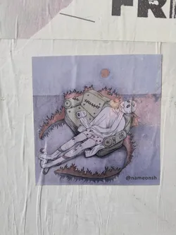 A sticker featuring a person resting on a peculiar, stitched couch, set against a muted background. The art style is illustrative, with a soft color palette and visible texture.