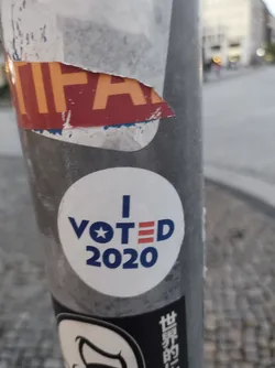 A white round sticker with blue text that says "I VOTED 2020".  There is a small star and three red stripes next to the word "VOTED". The sticker is affixed to a gray pole.