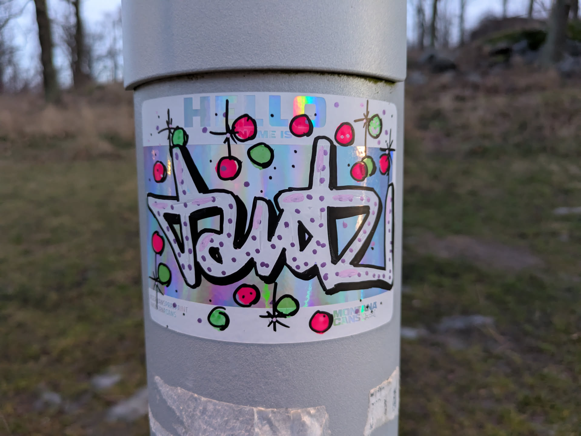 A holographic sticker with the word "tautz" written in graffiti style.  It's decorated with small red and green circles and stars. The sticker has a slightly iridescent background.