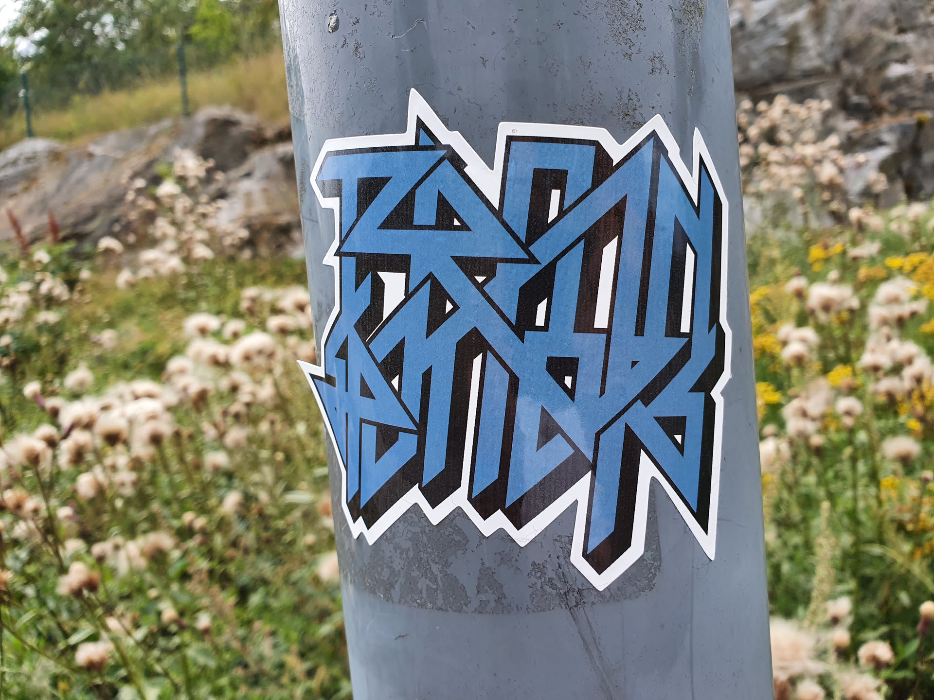 A sticker featuring a stylized, geometric design in shades of blue and black. The design is abstract and does not appear to represent any recognizable objects or symbols. The sticker is affixed to a gray metal pole, with vegetation visible in the background.