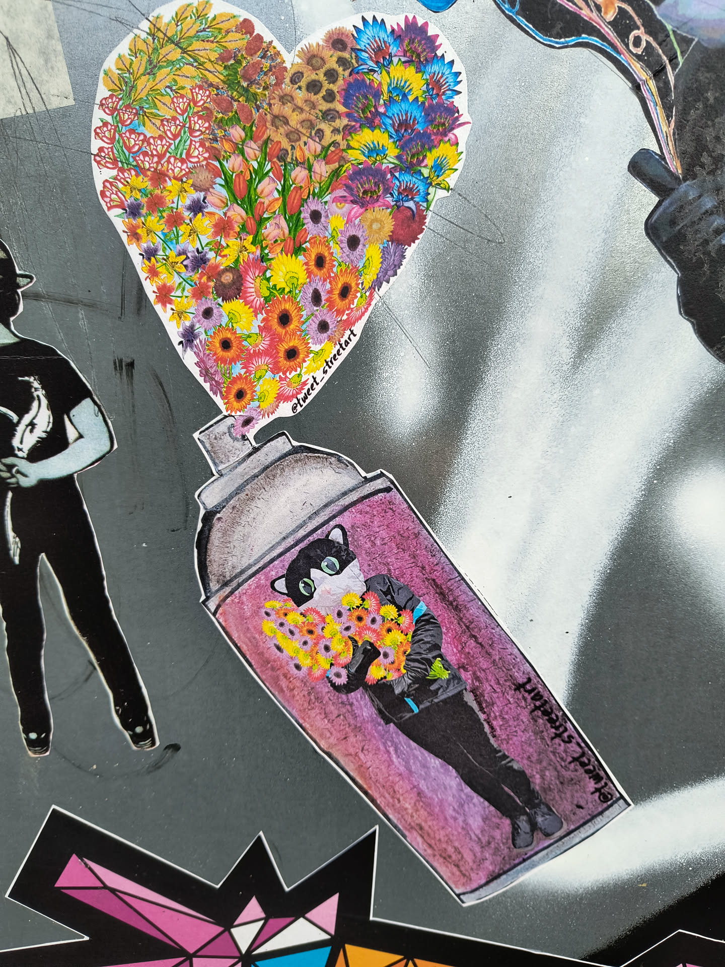 A sticker featuring a spray can with a heart-shaped bouquet of flowers pouring out of it. A cat-like figure is inside the spray can, holding the flowers. The style is colorful and whimsical.