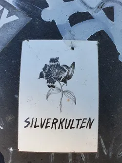 A minimalistic sticker featuring a black and white illustration of a lily and the word 'SILVERKULTEN' written underneath. The sticker has a slightly worn look, suggesting it may have been placed outdoors.