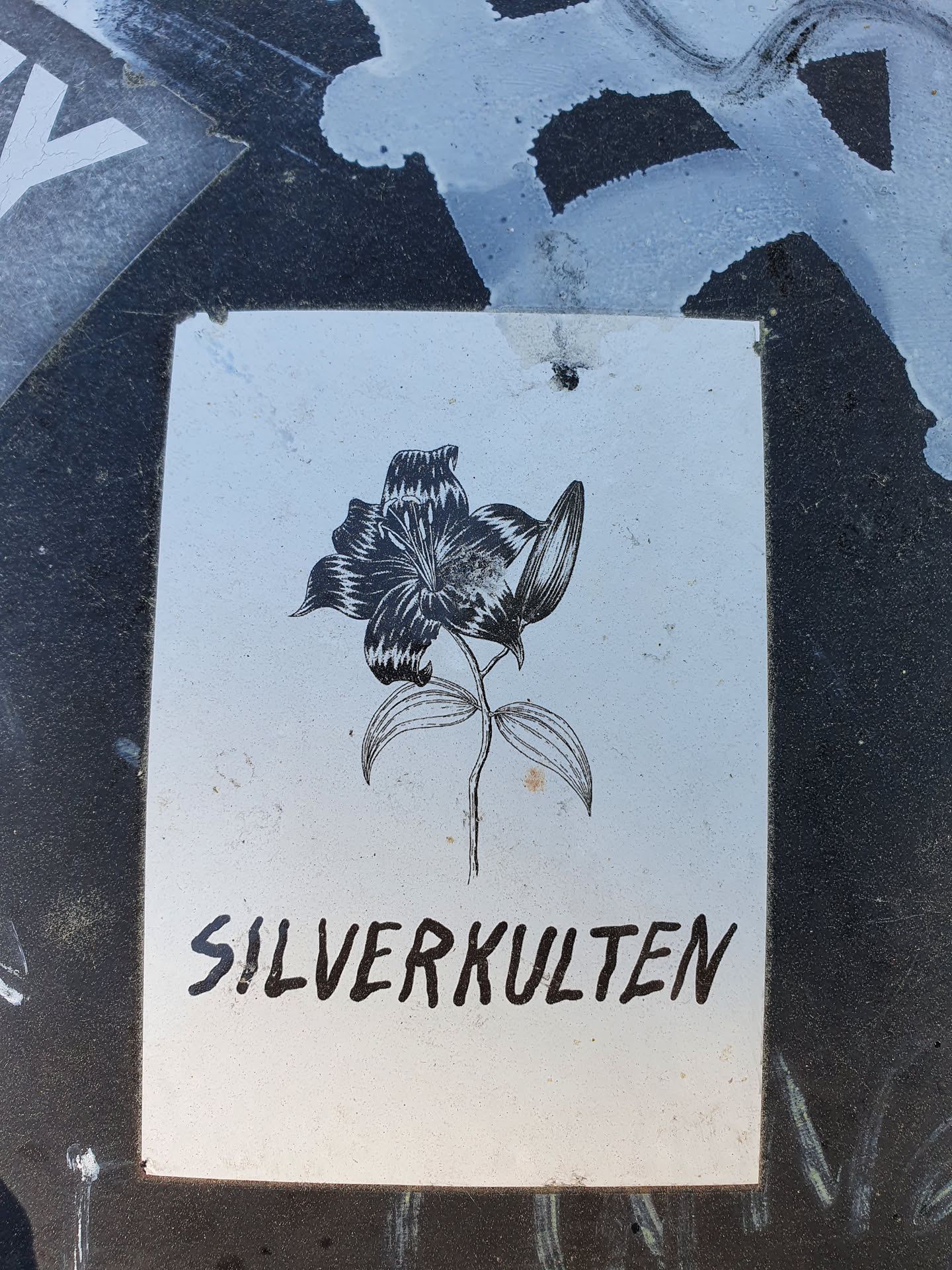 A minimalistic sticker featuring a black and white illustration of a lily and the word 'SILVERKULTEN' written underneath. The sticker has a slightly worn look, suggesting it may have been placed outdoors.