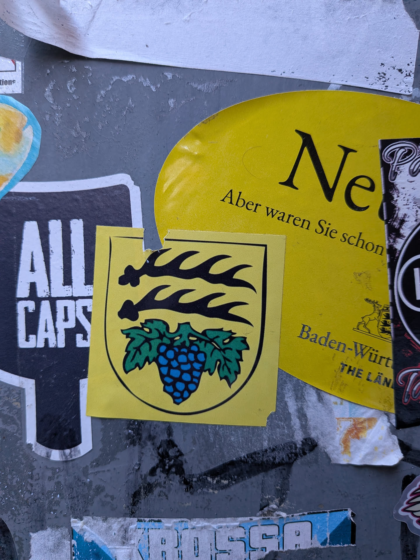 The sticker is shield-shaped with a bright yellow background. It features a stylized coat of arms: the upper half contains three black, horizontally arranged antlers, while the lower half depicts a bunch of blue grapes with green leaves, all outlined in black. The sticker has slightly irregular, worn edges, suggesting it's a physical sticker applied to a surface.