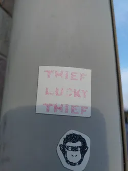 A sticker with the words "Thief Lucky Thief" written in pink and a small illustration of a monkey wearing a mask below it.