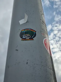 A round sticker featuring a cartoon skull wearing a military helmet. The text 'TERFS Army' is written at the top and 'Amsterdam' at the bottom. The sticker is attached to a grey pole.