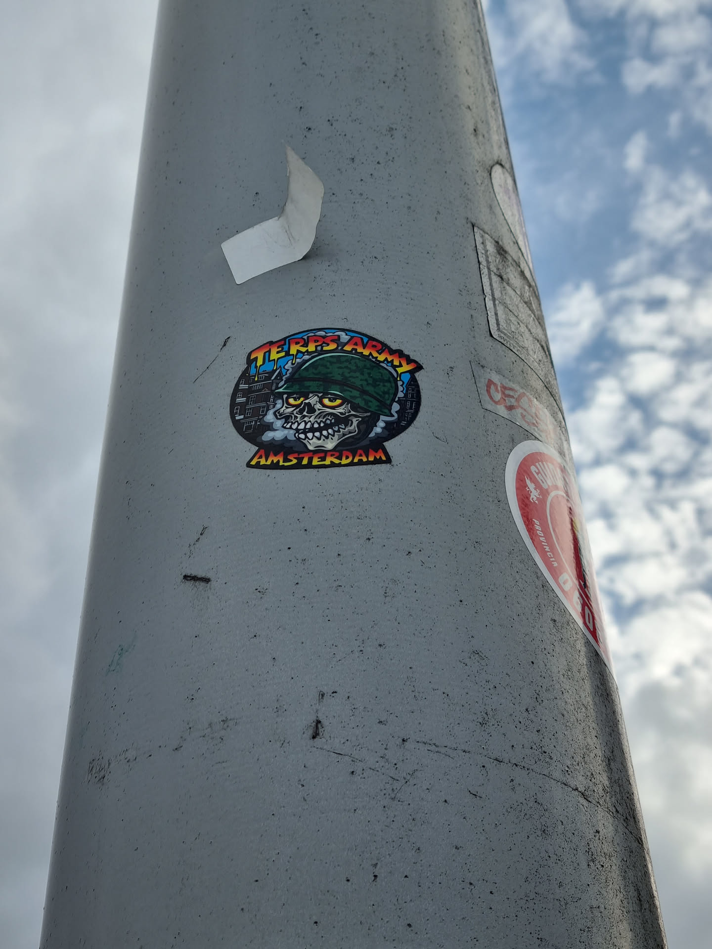 A round sticker featuring a cartoon skull wearing a military helmet. The text 'TERFS Army' is written at the top and 'Amsterdam' at the bottom. The sticker is attached to a grey pole.