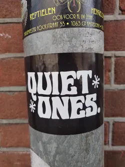 A black sticker with the text "Quiet*Ones." in a stylized, retro-style white font. The sticker is applied to a gray metal pole. The background is a brick wall.