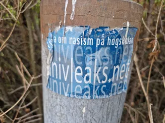 A worn blue sticker affixed to a post. The sticker features the website univleaks.net and text that translates to "Campaign about racism at the university." A faded image of a person is also present. The sticker shows signs of wear and tear.