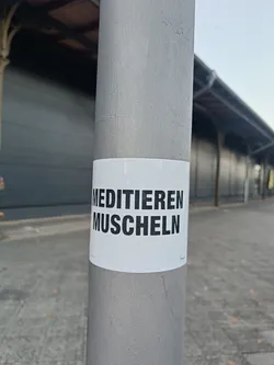 A white sticker on a grey pole with black text saying "Meditieren Muscheln" (Meditate Mussels in German). The sticker is placed outdoors, against a blurry background of a building and pavement.