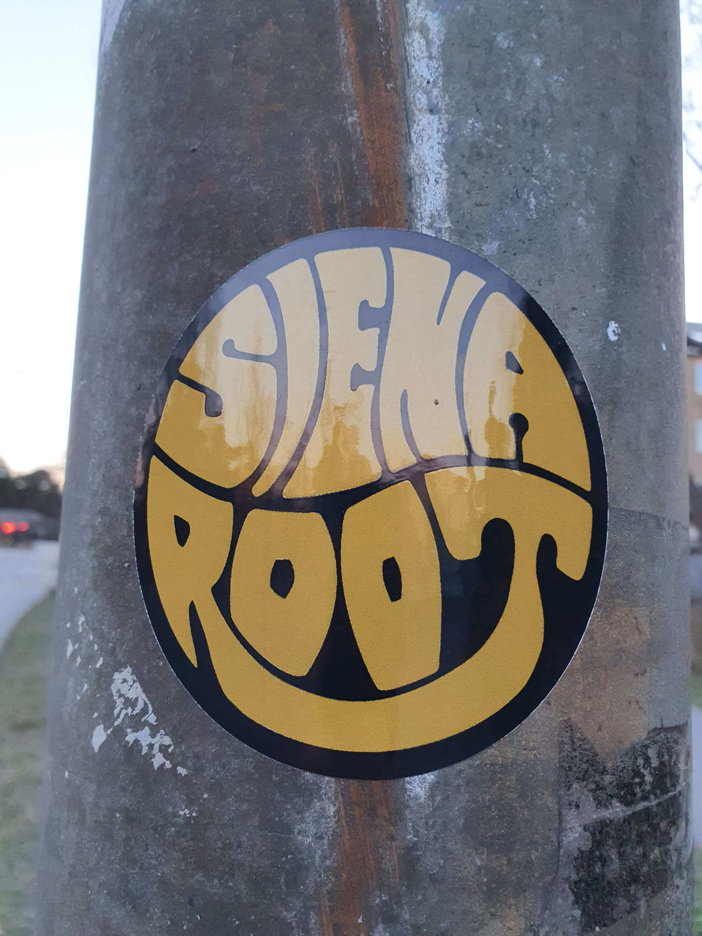Round sticker with the words "SIENA ROOT" in a retro, stylized font. The text is in black on a mustard yellow background. The sticker is affixed to a gray metal pole.
