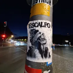 A black and white sticker featuring a skull-like figure with a blindfold, the word "ESCALPO" is visible at the top. The sticker is affixed to a pole, possibly a lamppost or signpost, on a city street at night. 