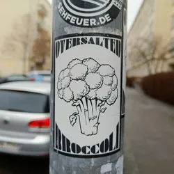 A black and white sticker featuring a drawing of a broccoli head with the words "Oversalted" and "Broccoli" on it.