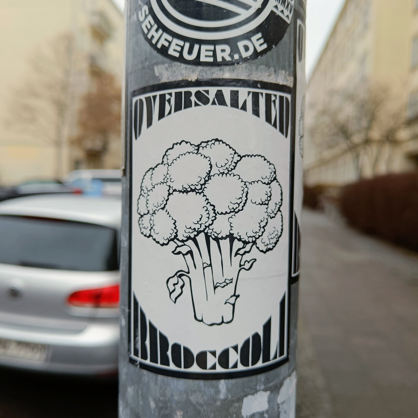 A black and white sticker featuring a drawing of a broccoli head with the words "Oversalted" and "Broccoli" on it.