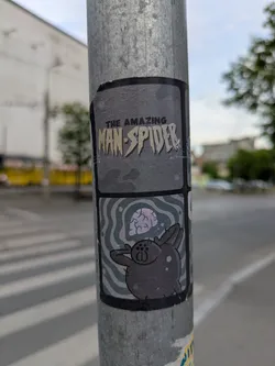 A sticker on a metal pole with a cartoon spider with a brain floating above. The sticker references Spider-Man with the words 'The Amazing Man-Spider'.