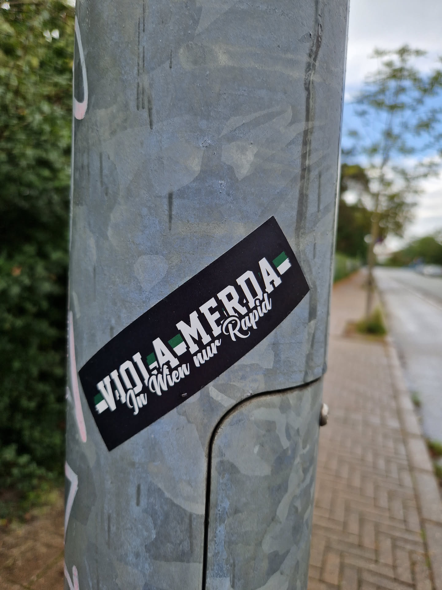 A black and green sticker with the text "Viola-Merda - In Wien nur Rapid" is affixed to a metallic pole. The text is stylized in a sans-serif font with a slight slant. The background of the sticker is black, while the text is white, and a horizontal green stripe accents the text above 'Viola-Merda'. The sticker appears to be a form of graffiti or street art.