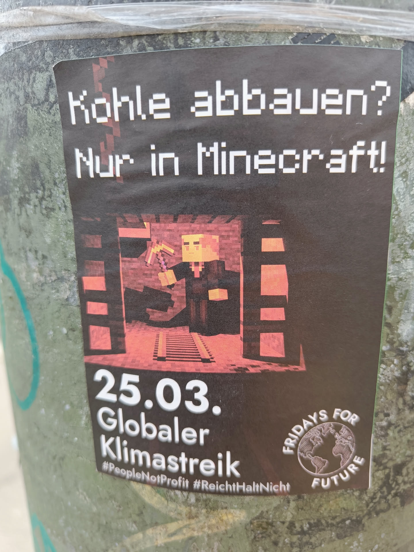 Sticker featuring a Minecraft character mining coal, promoting a global climate strike on March 25th.  It uses the slogan 'Only mine coal in Minecraft!' to highlight the environmental impact of coal mining.