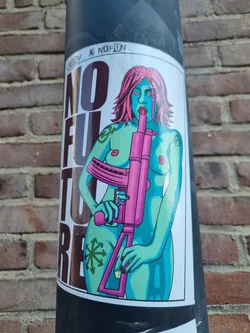 Sticker featuring a nude, teal-skinned woman with pink hair holding a pink assault rifle. The text 'NO FUTURE' is prominently displayed. The woman has several symbols tattooed on her body. The sticker's top right corner shows 'HORRORV x NOFUN'.