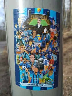 A sticker commemorating Djurgårdens IF, featuring a collage of players and the team's stadium.  The sticker shows a rich history of the football club.
