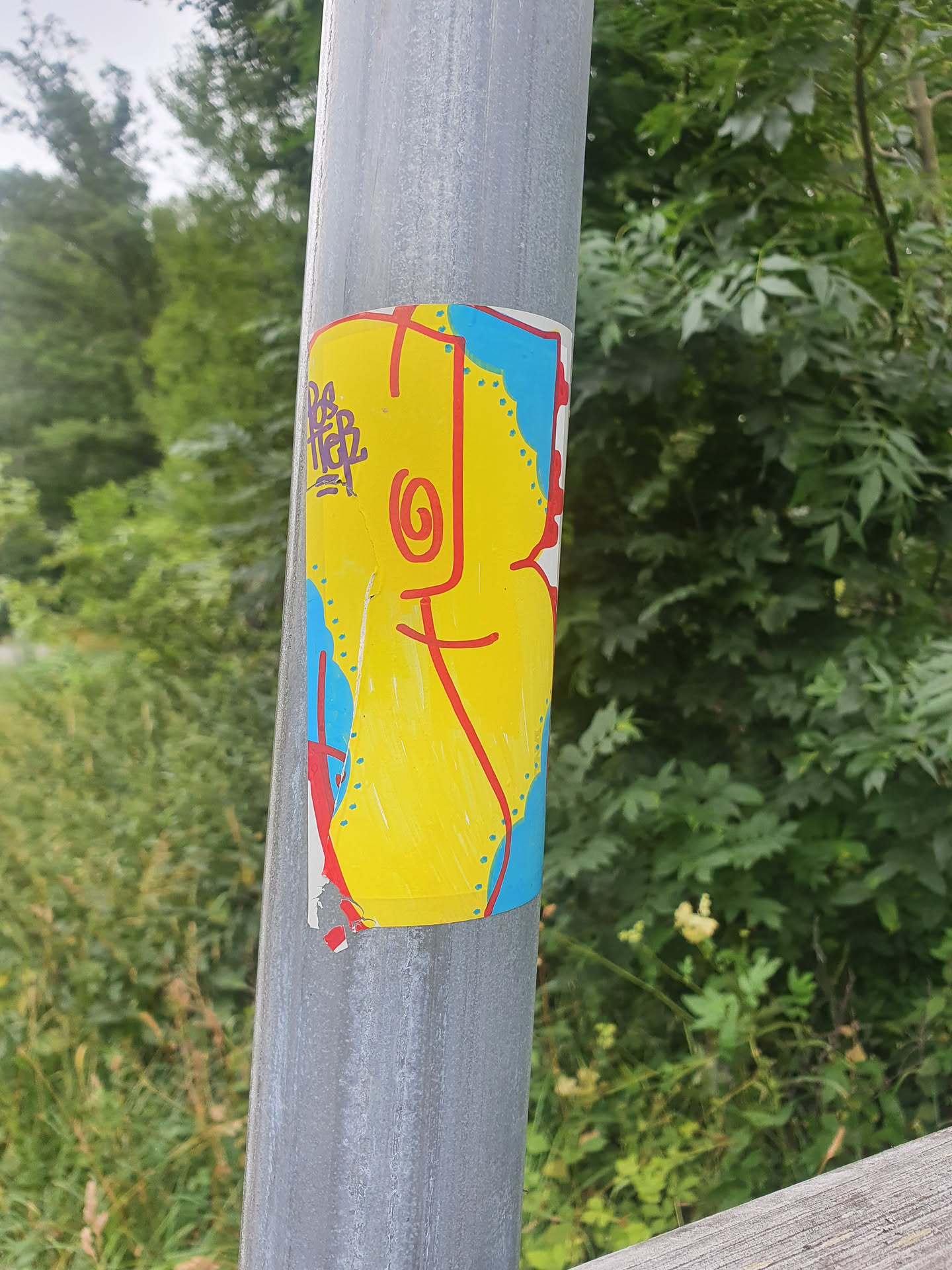 A yellow and blue abstract graffiti sticker is affixed to a gray metal pole. The sticker features a stylized figure and some illegible text. The background is a green natural environment.