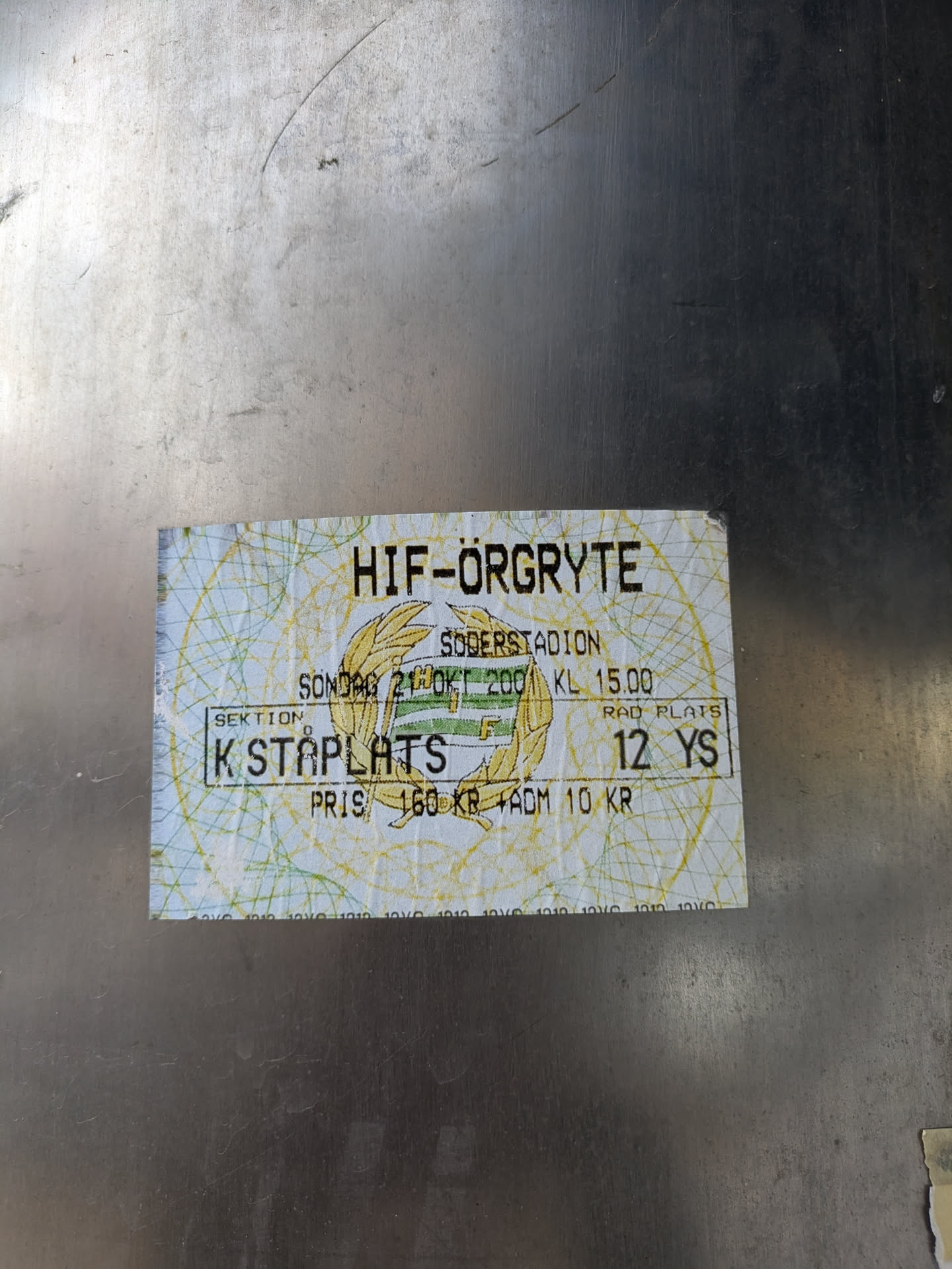 A weathered ticket stub from a HIF-Örgryte football match at the Söderstadion on October 21st, 2001. The ticket is for section K, seat 12, and cost 160 SEK plus 10 SEK for admin.