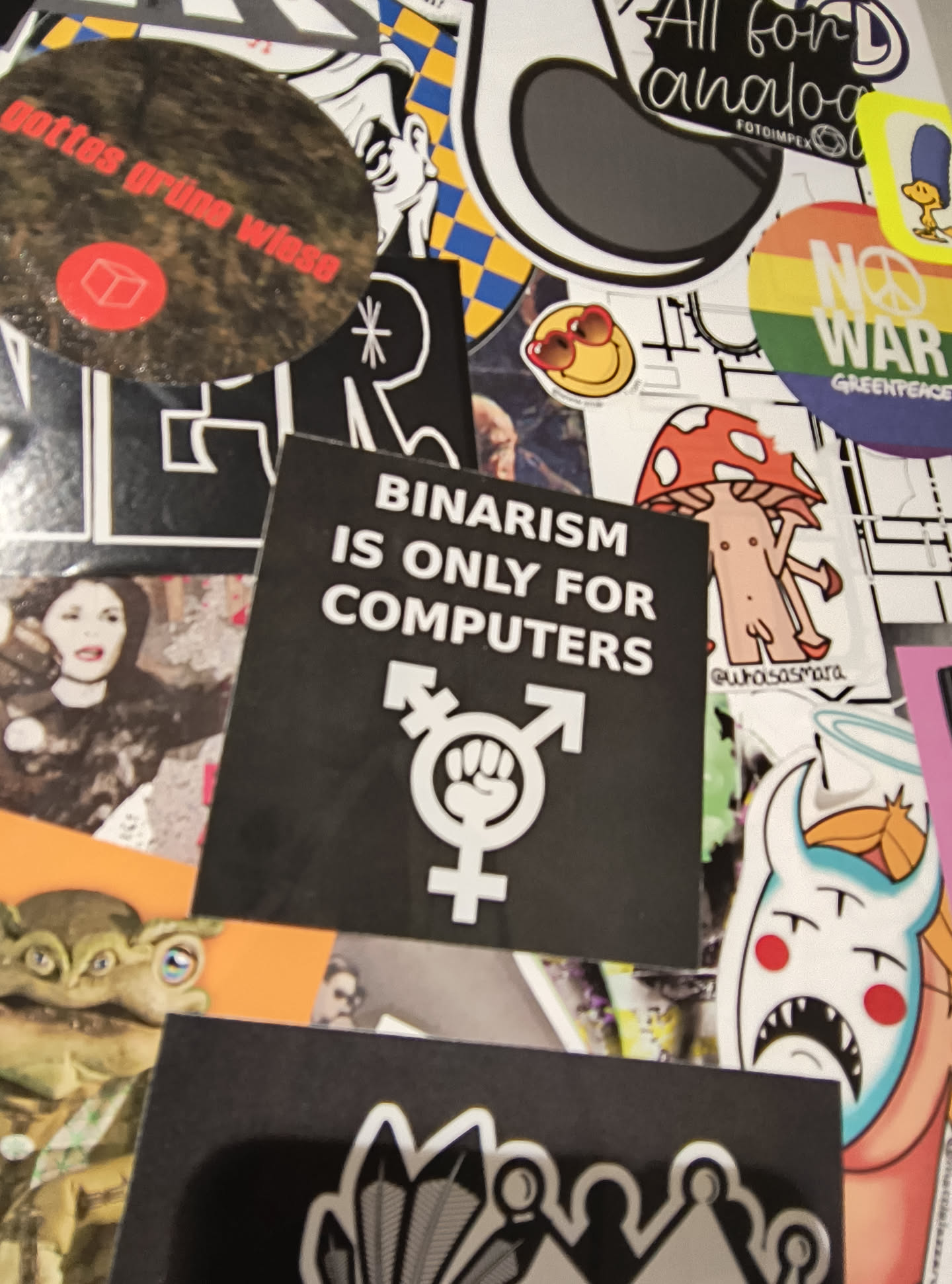 The sticker is square and black with white text and a white symbol. The text reads 'BINARISM IS ONLY FOR COMPUTERS'. Below the text is a prominent symbol which is a combination of the female symbol (circle with a cross below) and the male symbol (circle with an arrow pointing upwards and to the right), with a fist symbol overlaid on the male symbol. This central sticker is surrounded by many other stickers of various sizes, shapes, and designs, including a mushroom figure, a peace sign, and a character resembling Bart Simpson.
