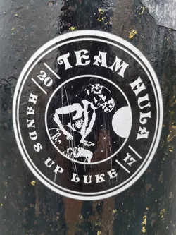 Black and white circular sticker with a graphic of a dog-like creature, the text "Team Husky" at the top, and "Hands Up Luke" at the bottom, with the numbers 20 and 17 flanking the text.