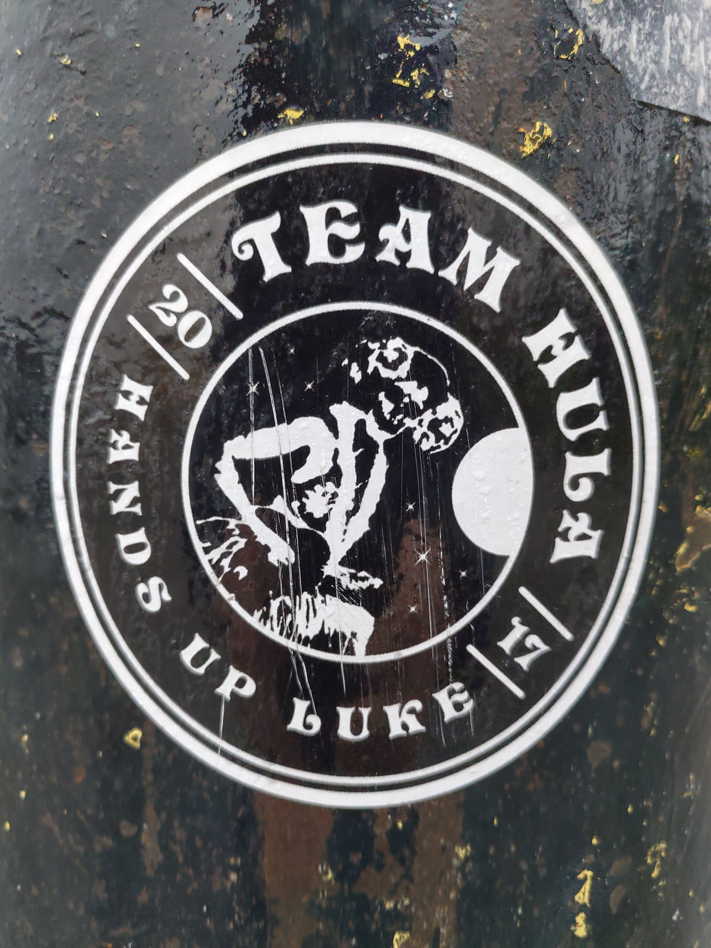Black and white circular sticker with a graphic of a dog-like creature, the text "Team Husky" at the top, and "Hands Up Luke" at the bottom, with the numbers 20 and 17 flanking the text.