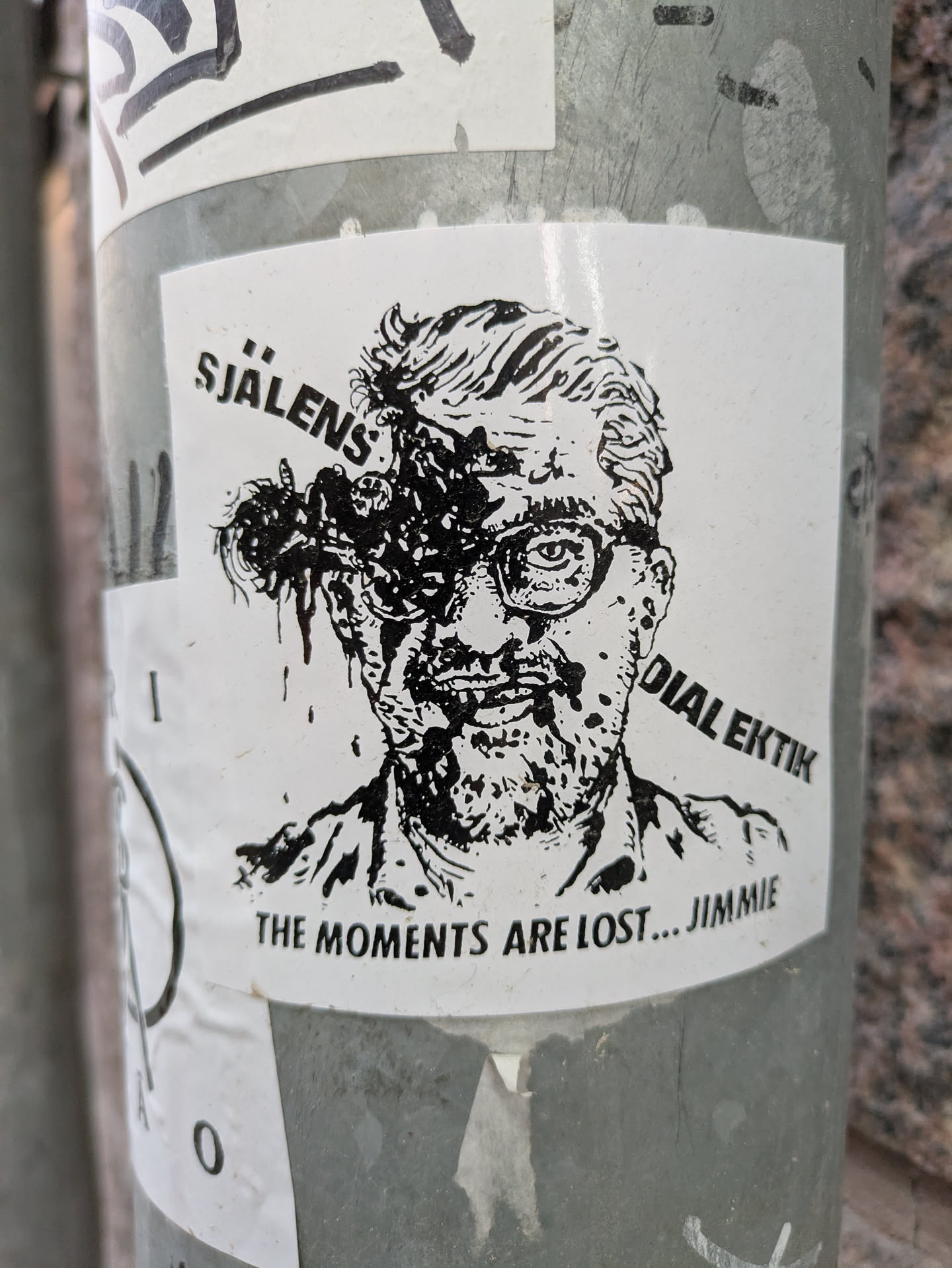 Black and white sticker featuring a stylized illustration of a man with insects crawling out of his head. Text on the sticker includes "Sjalens Dialektik" and "The Moments Are Lost... Jimmie".