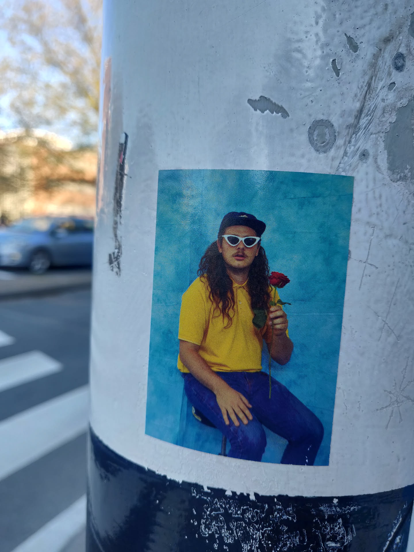 A sticker featuring a portrait of a male musician with long hair, wearing a yellow shirt, sunglasses, and sitting on a stool with a red rose.  The background is a light blue. The sticker seems to be placed on a pole in an urban setting.