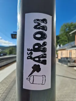 A sticker with the text "DSF Arrows" in a grunge style font, along with an illustration of a spray paint can. The sticker is affixed to a metal pole at a train station.