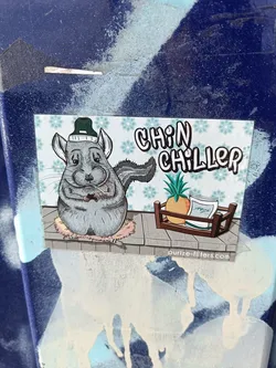 Sticker featuring a cartoon chinchilla wearing a hat, sitting on a rug, with a pineapple and a package in a wooden crate in the background.  The sticker has a light blue background with a repeating flower pattern. The text 'Chin Chiller' is prominently displayed above the chinchilla.