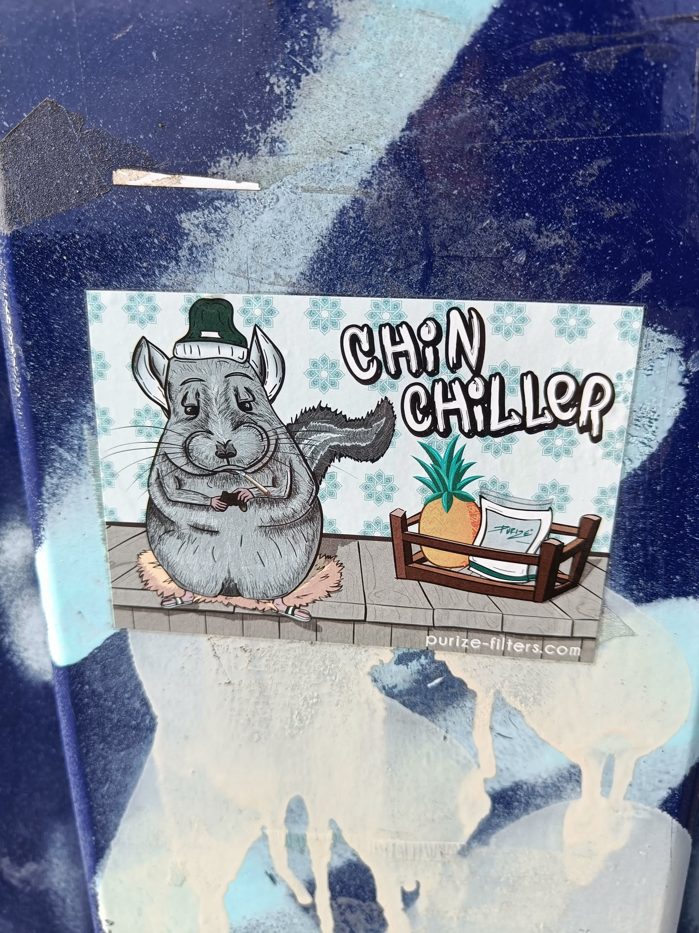 Sticker featuring a cartoon chinchilla wearing a hat, sitting on a rug, with a pineapple and a package in a wooden crate in the background.  The sticker has a light blue background with a repeating flower pattern. The text 'Chin Chiller' is prominently displayed above the chinchilla.